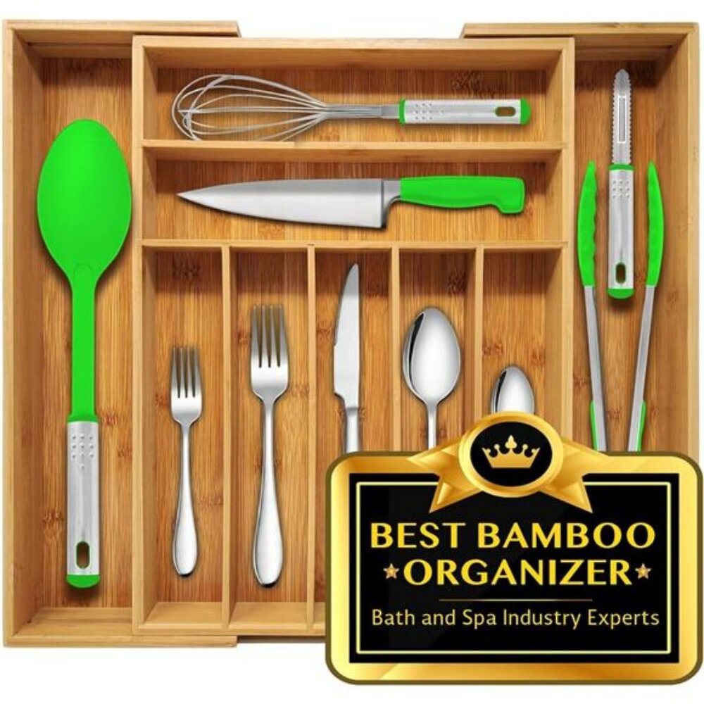Expandable bamboo silverware drawer organizer utensil tray wood cutlery holder